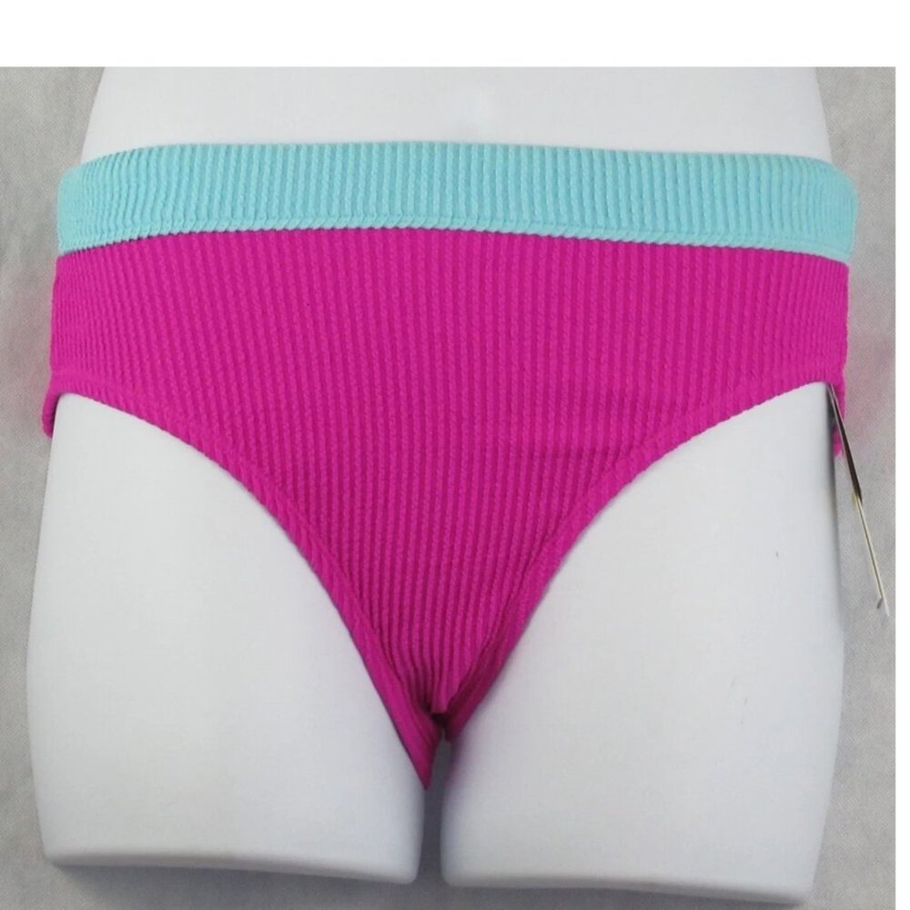 Salt + Cove Juniors High-Waist Bikini Bottom Swimsuit, Pink With Blue, Medium
